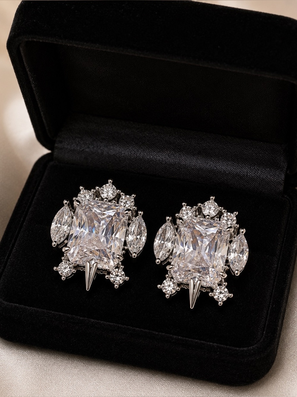 Crystal Statement Stud Earrings Silver Tone Bridal Glam
